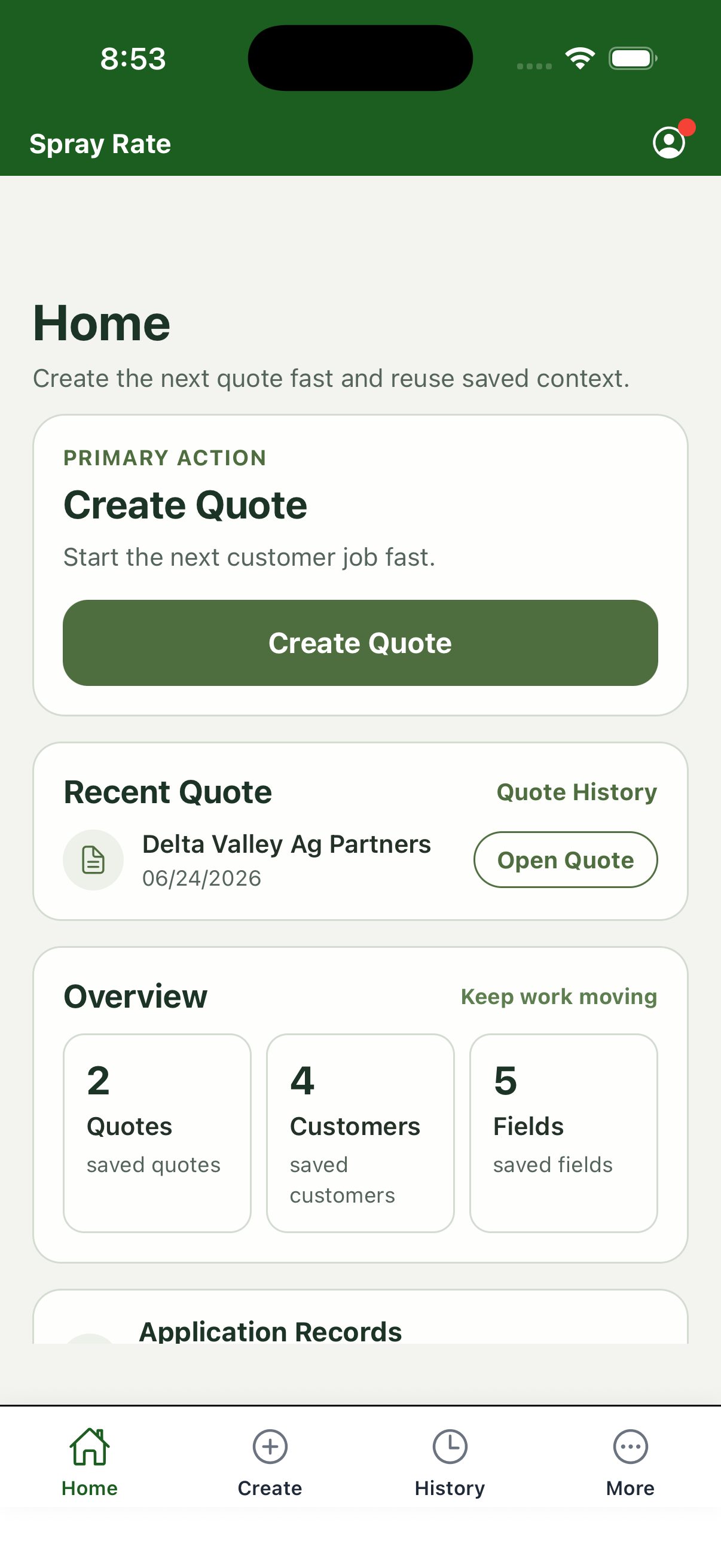 SprayRate home screen.