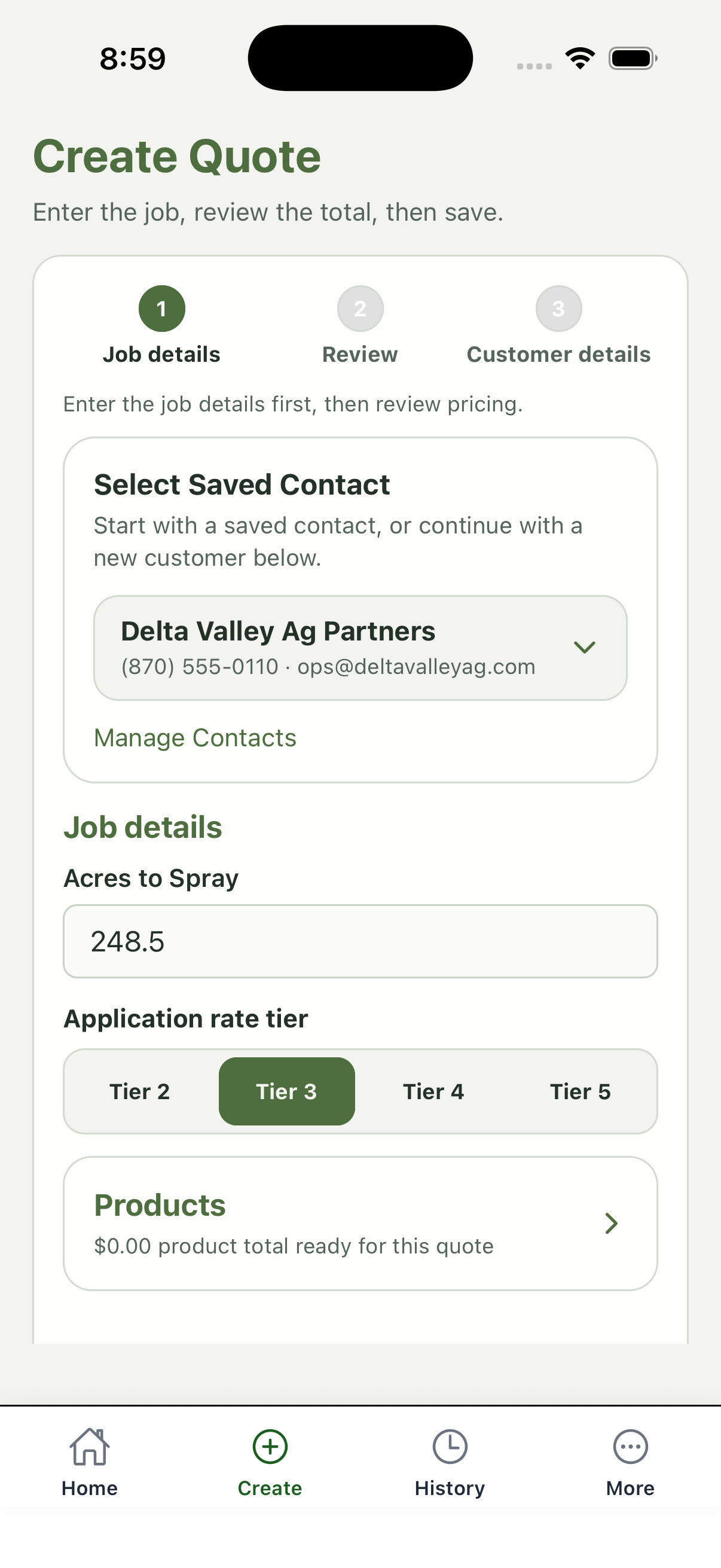 SprayRate create quote screen.