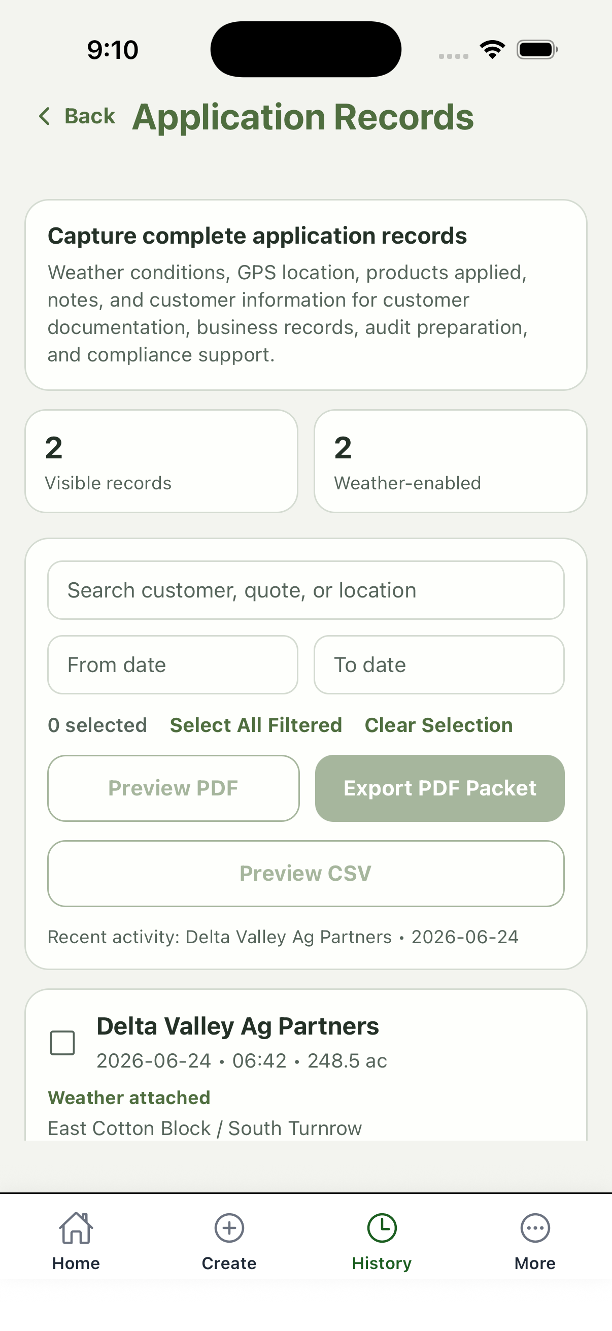 SprayRate application records screen.