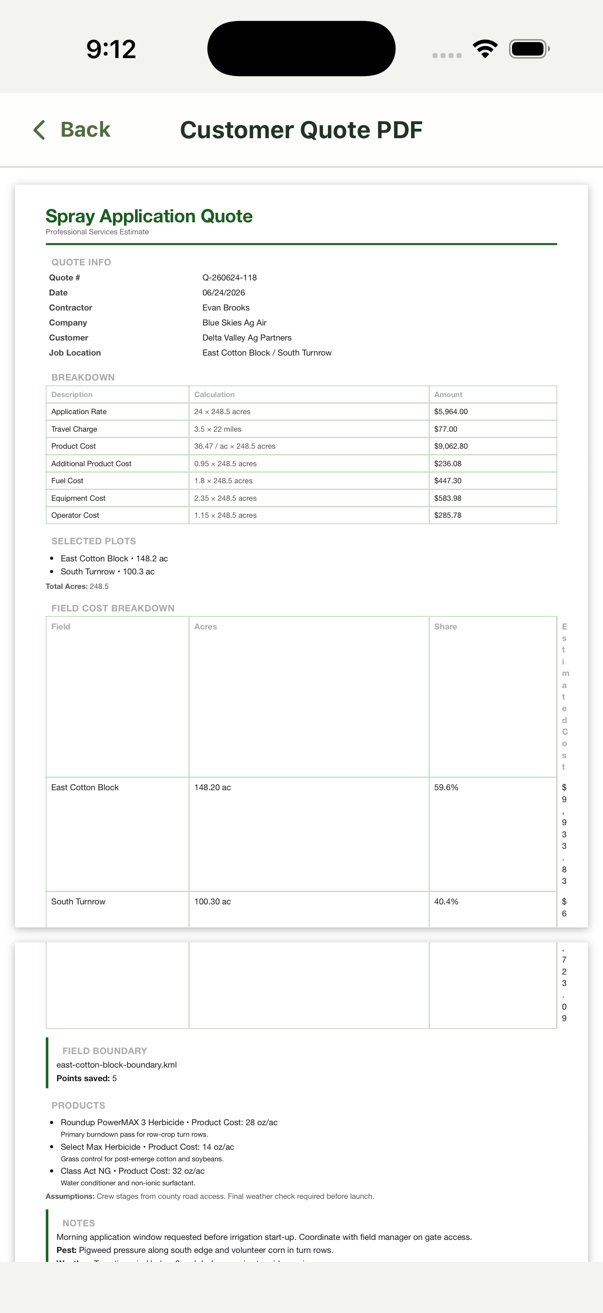 SprayRate PDF preview screen.